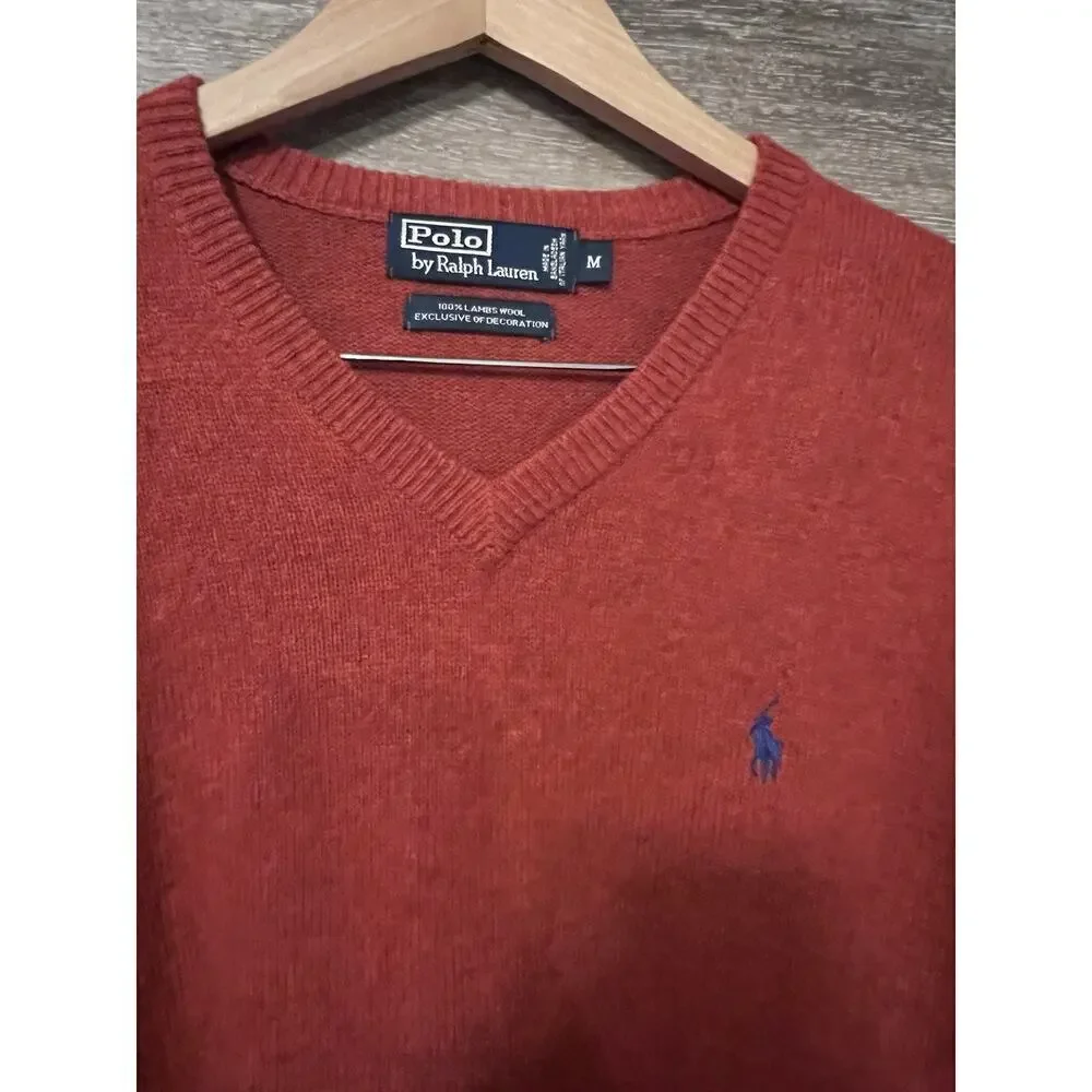 VTG Polo Ralph Lauren Classic 100% Lambswool Italian V-Neck Sweater Sz M Orange